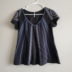 Free People Black and Blue Embroidered Blouse Has Flaws Priced To Sell See Pic S